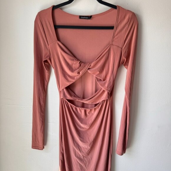 Boohoo Rose Pink Cut-Out Bodycon Dress | Long Sleeve | Size US 8 - Picture 3 of 5